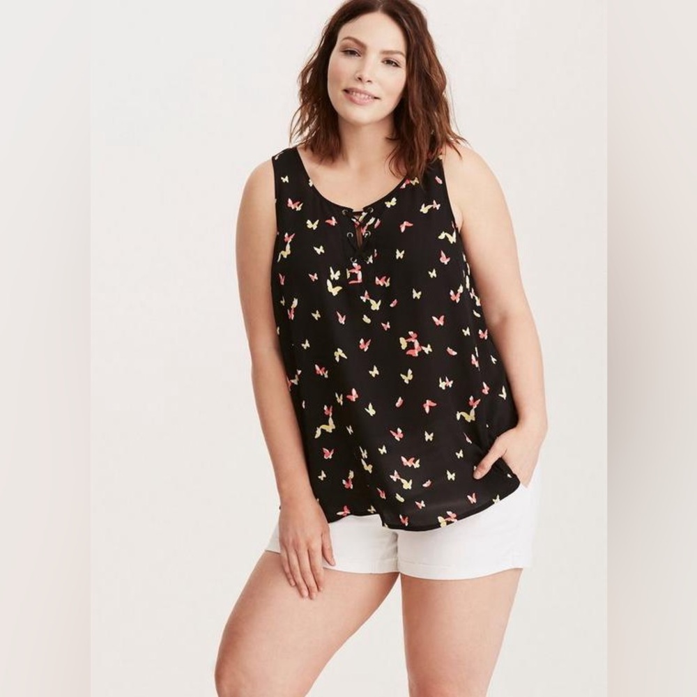 Butterfly Print Georgette Lace Up Tank Top